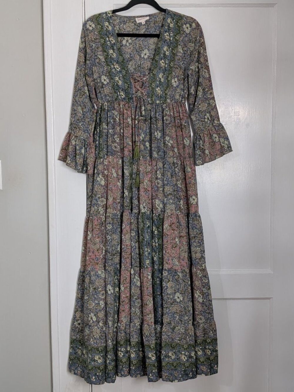 Boemo Anthropologie Maxi Dress Floral Patchwork Lace Up Size Medium Boho Whimsy